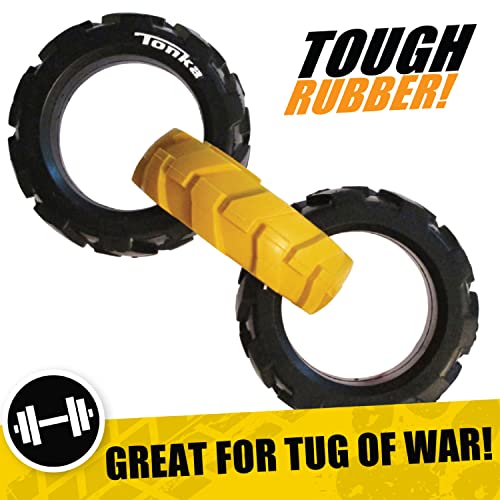 Tonka Rubber 3-Ring Tug Dog Toy, Lightweight, Durable and Water Resistant, 7.5 Inches, for Medium/Large Breeds, Single Unit, Yellow/Black - size: 7.5 inch Rubber Flex Tread