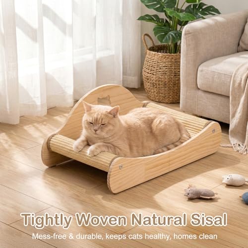 3 in 1 Cat Scratcher Bed, 100% Sisal Comfy Chaise Lounge for Cats to Rest & Scratch & Play, Protects Furniture, Durable Cat Scratching Board to Relieve Stress - Wood Color
