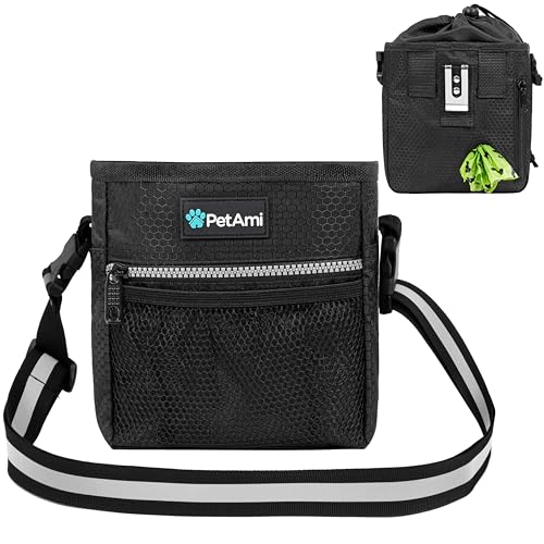 PetAmi Dog Treat Pouch, Pet Treat Pouch For Training, Dog Walking Bag Holder for Kibbles, Pet Food Toy, Dog Trainer Essentials Supplies, Poop Bag Dispenser, 3 Ways to Wear (Black) - color: Black
