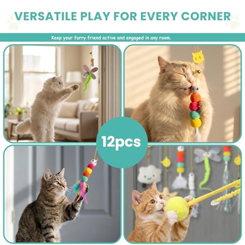 12Pack Hanging Cat Toy for Bored Indoor Cats. Interactive Cat Toy Set with Cat Wand Toy Styles,Cat Feather Toy Refill and Cat Toys for Indoor Cats for Play Exercise