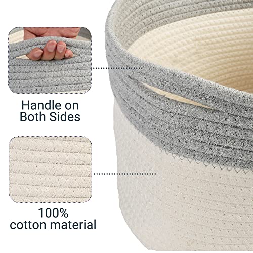PrimePets Cotton Rope Dog Toy Basket, Small Basket with Handles, Woven Storage Bin for Dogs Pets, 15x10x9 inch Pet Basket Container Holder for Toys, White and Grey