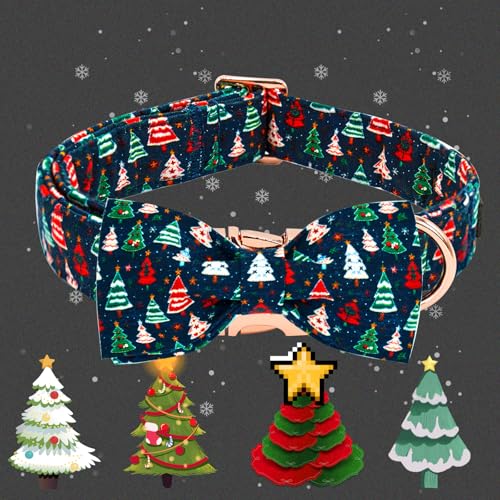 Elegant little tail Christmas Dog Collar, Christmas Tree Pet Collars Bow Red Metal Buckle Collar Puppy Girl Boy Holiday Cotton Soft Bowtie Adjustable Dog Collar for X-Small Dogs - color: Christmas Tree, size: X-Small (Pack of 1)