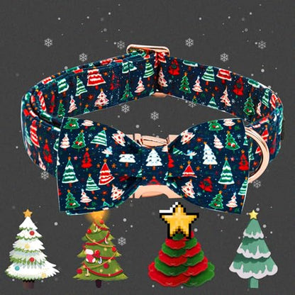 Elegant little tail Christmas Dog Collar, Christmas Tree Pet Collars Bow Red Metal Buckle Collar Puppy Girl Boy Holiday Cotton Soft Bowtie Adjustable Dog Collar for X-Small Dogs - color: Christmas Tree, size: X-Small (Pack of 1)