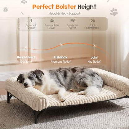 Elevated Dog Bed with Removable Fluffy Pillow Cushion, Raised Pet Cot Washable Bolster, Dog Couch Sofa, Anti Slip Feet, Breathable Mesh, Cream, 43"×32" - color: cream, size: L(43"×32"×8")