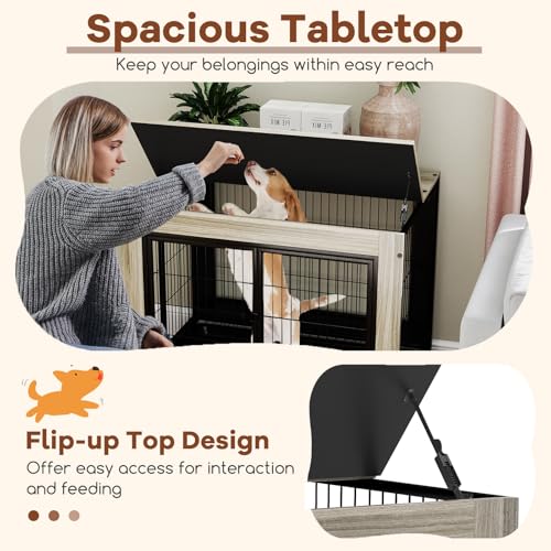 PETSITE Portable Dog Crate Furniture, 38 Inch Wooden Dog Kennel Side Table with Flip-up Top, 3 Lockable Doors and Removable Tray, Ideal for Small to Medium Dogs (Grey) - color: Grey