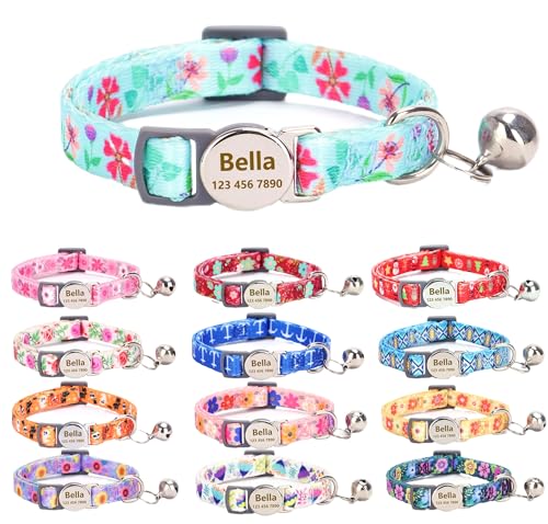 Custom Personalized Breakaway Kitten Cat Collar with ID Name Phone Number Tag Plate/Customized Engraved Floral Pattern Boy Girl Cat Kitten Collar with Bell-Bluegreen Flower - color: Bluegreen Flower