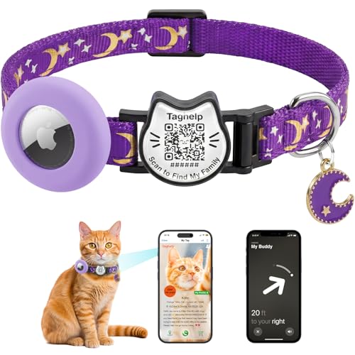 Breakaway Safety Cat Collar with QR Code ID, Integrated AirTag Holder, Adjustable Kitty Collar with Stars and Moon & Glow-in-the-Dark Charm, Purple - color: Purple, size: with Integrated AirTag Holder