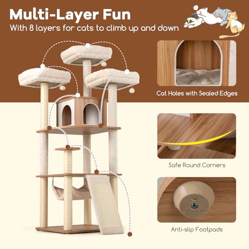 Tangkula Tall Cat Tree, 68 Inch Modern Wood Cat Tower with Sisal Scratching Posts, 3 Padded Perches, Condo, 2-in-1 Ladder, Dangling Balls, Washable Cushions for Indoor Cats Large Adult (Natural)