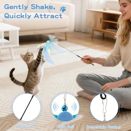 Pawaboo Feather Teaser Cat Toy, Interactive Feather Wand Cats Toy Flying Feathers Cat Catcher with Extra Long 34.5" Wand and Small Bell, Exerciser Playing Toys for Kitten or Cats, Blue Butterfly - color: Blue Butterfly
