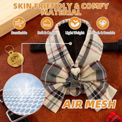 KOOLTAIL Cute Cat Harness and Leash Set with Bowtie, Small Dog Vest Harnesses, Step in No Pull Soft Mesh Padded Adjustable Plaid Pet Harness for Extra-Samll Medium Puppy Kitten, Boy Girl, Beige XS - color: Beige, size: XS (Chest Girth: 11.5"-12.8")