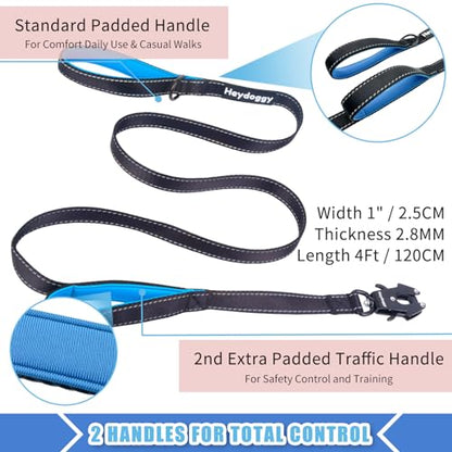 Strong Heavy Duty Dog Leash - 4ft Reflective Nylon Training Leash with Soft Padded Double Handle & Auto Lock Frog Clip - Safety Traffic Control for Large Medium Small Dogs No Pull Walk Black Blue,4ft - color: Black Blue, size: 4FT x 1" x 2.8MM
