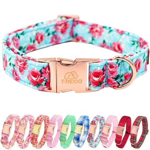 Tunkoo Cotton Dog Collar Stylish Rose Flower, Adjustable Adorable Design Dog Collar for Small Medium Large Boys Girls Dogs, M - color: B - Rose, size: Medium