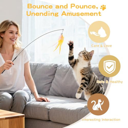 Pawaboo Feather Teaser Cat Toy, Interactive Feather Wand Cats Toy Flying Feathers Cat Catcher with Extra Long 34.5" Wand and Small Bell, Exerciser Playing Toys for Kitten or Cats, Pink+White+Yellow - color: Pink+White+Yellow