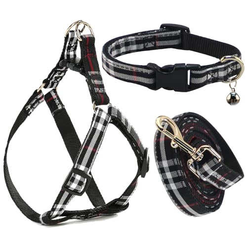 Cute Plaid Dog Collar Harness and Leash with Safety Buckle - Adjustable and No Pull Comfortable Dog Collars for Small Puppy, Stylish Durable Gift for Boy Girl Pets - color: black-03, size: S