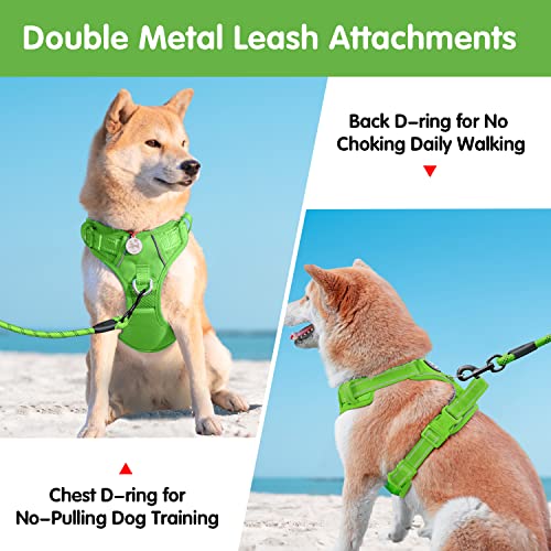 PoyPet No Pull Dog Harness and 5 Feet Leash Set, Release on Neck Reflective Adjustable Pet Vest, Front & Back 2 D-Ring and Soft Padded Pet Harness with Handle for Small to Large Dogs(Green,M) - color: Green, size: Medium
