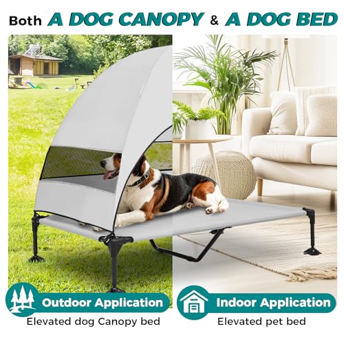 Windproof Elevated Dog Bed with Canopy & Stakes, 3-Sided 90% UV Block, Chew-Proof Teslin Mesh Mat for Large Dogs up to 150lbs(Grey X-Large) - color: Grey, size: X-Large