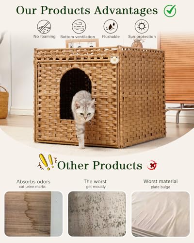 SETVSON Cat Litter Box Enclosure Furniture, Large Hidden Litter Box Furniture, Handwoven Rattan Cat House Cabinet, One Mat, Two S-Shaped Hooks, Living Room, Apartment 21.6 X 26 X 21.6 Inches, Natural - color: Natural, size: XL