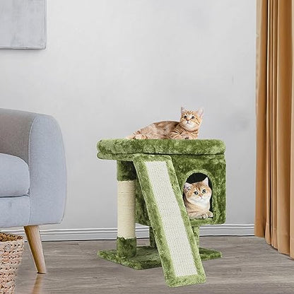 YANDLVY Small Cat Tower for Cats, Cute Cat Tree for Indoor Cats, Kittens Condo with Scratching Post and Board, Cat Cave, Modern Cat Activity House with Plush Perch (Green) - color: Green