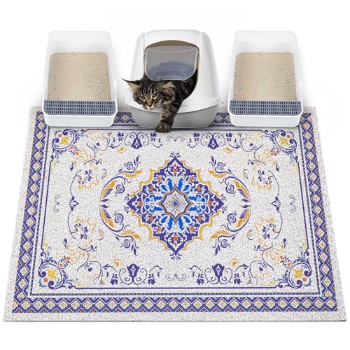 Glittme Cat Litter Mat with Non-Slip Bottom Litter Box Mat 40"x30" Litter Trapping Mat Easy to Clean Washable Cat Food Mat for Kitty,XL - color: Blue, size: 40"x30"