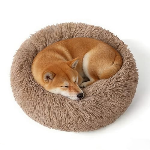 Calming Donut Dog Bed Medium Size Dog - Washable Removable Cover Non-Slip Bottom, Round Pet Bed Cat Bed Warming Fluffy Plush Faux Fur Anti-Anxiety, Fits up to 45 lbs (Camel, 30") - color: Camel, size: 30"L x 30"W x 8"Th