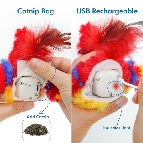 Vannon Cat Toys Flapping Bird(Cannot Fly), Rechargeable Touch Activated Kitten Toy Interactive Cat Exercise Toys with Catnip and Feather for Indoor Cat - Red - color: Red