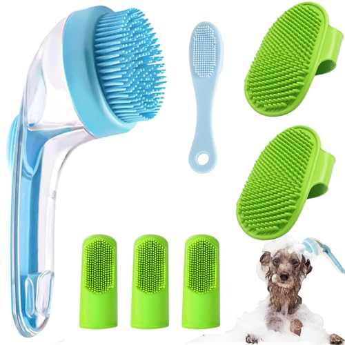 7 PCS Pet Bath Brush Set, Dog Bath Brush with Shampoo Dispenser, Cat Chin Cleaning Brush, Dog Toothbrush, Adjustable Glove Massage Brush, Pet Scrubber for Bathing Long Short Haired Dogs Cats - color: Blue