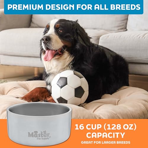 Master Pet Supply Stainless Steel Dog Bowls - 128 oz, Heavy Duty - Stainless Steel, Double Wall Extra-Thick Insulated, Non-Slip Pet Water Bowl for Dogs, Cats & Pets, Anti Rust Metal, Dish Washer Safe - color: Stainless Steel, size: 16 Cups (128 oz)