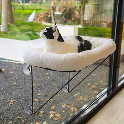 Zakkart Cat Window Perch - 100% Metal Supported from Below - Comes with Warm Spacious Pet Bed - Cat Window Hammock for Large Cats & Kittens - for Sunbathing, Napping & Overlooking (White) - color: White