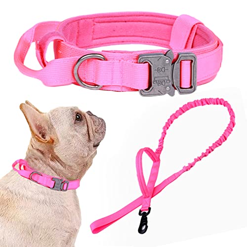 Tactical Dog Collar and Leash Set Adjustable Military Nylon Dog Collar with Control Handle and Heavy Duty Metal Buckle for Large Dogs（Pink S - color: Pink SET(collar+leash), size: Small (Pack of 1)