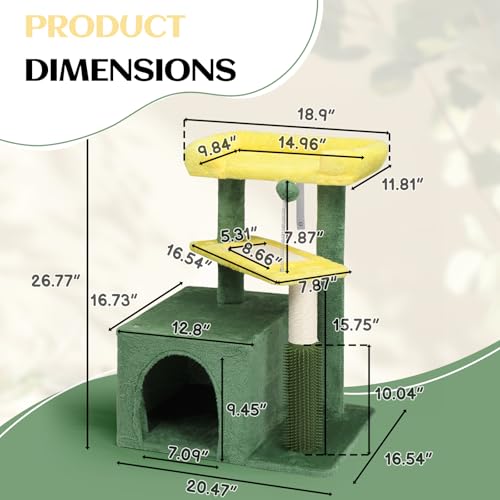 Outvita Cat Tree 27.5in Small Cat Tower, Multi-Level Cat Tree Tower with Cat Scratching Post and Pad, Cozy Cat Condo, Padded Top Bed for Kittens and Indoor Cats, Yellow & Green - size: 27.5" Yellow & Green
