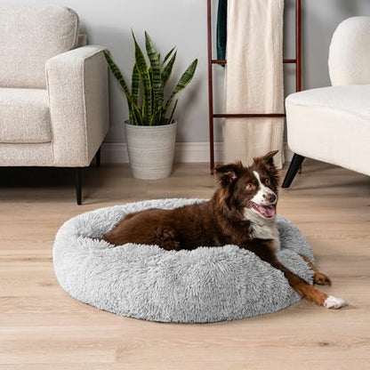 PetAmi Calming Dog Bed for Small & Medium Dogs and Cats, 30 Round Donut Dog Bed, Washable Fluffy Faux Fur Puppy & Cat Bed, Anti-Anxiety Plush Cuddler Pet Bed with Anti-Slip Bottom - Light Gray - color: Light Gray, size: Medium - 30"