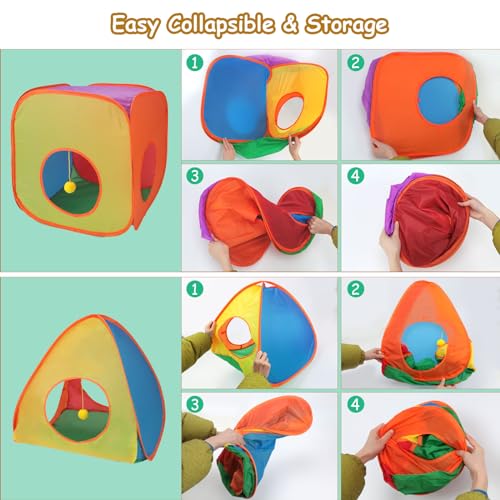 Rypet Cat Tunnels for Indoor Cats with Cube Tent Toys Combo Pop Up Collapsible Crinkle Interactive Peek Hole Cat Tube with Play Ball and Bell for Kitten, Puppy, Kitty, Rabbit - color: Rainbow