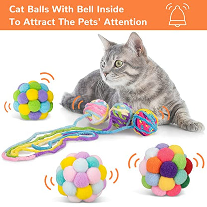 Retro Shaw Cat Toys Balls, 6Pcs Woolen Yarn Cat Balls with Bells Inside, Interactive Kitten Toys for Indoor Cats Kitty, Soft Pompom Jingle Ball with String Cat Nip Toys - size: 1.6 Inches