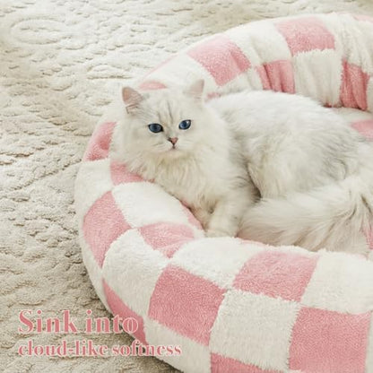 Ohocut Checkered Cat Dog Bed, Cute Girly Pink Retro Style Aesthetic Round Warming Pet Calming Beds for Small Dog and Cats, Plush Cozy Donut Beds Washable, 23" L x 23" W x 8" Th - color: Pink, size: 23"L x 23"W x 8"Th