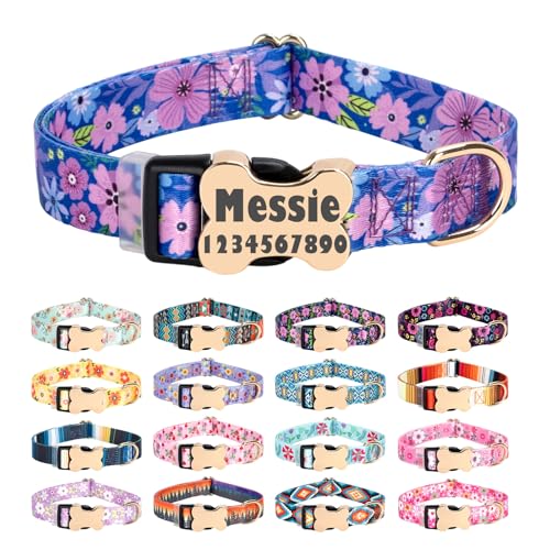 Personalized Custom Customized Silent No Jingle Dog Collar with Engraved ID Dog Name Phone Number/Dog Collars for Puppy X-Small Small Medium Large X-Large Boy Girl Dogs-Dark Blue Flower-XS - color: 13 Dark Blue Flower, size: X-Small (0.6" *7.8"-11.8")