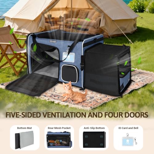 Petskd Side Expandable Extra Large Cat Car Carrier with Collapsible Litter Box for Long Distance Travel,24"x17"x17" Portable Soft Sided Pet Carrier with Roller Shades for 2 Cats Up to 55LBS(Blue) - color: blue