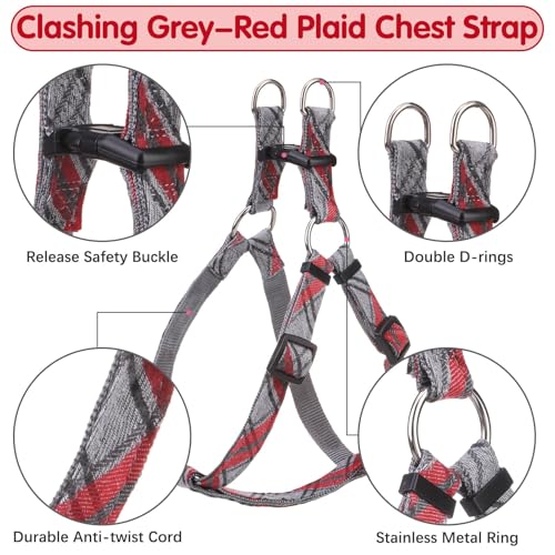 BINGPET Dog Harness Collar Leash Set,Adjustable No Pull Escape Proof Small Dog Harness,Classic Plaid Puppy Harness and Leash Set for Small Medium Large Dogs Training Easy Walk Running - color: Gray Red Plaid, size: M(Chest Girth:17.3''-23.38'')