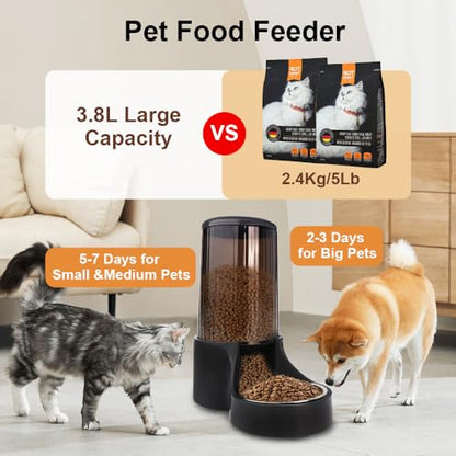 Automatic Cat Feeder, 3.8L Large Gravity Cat Food Dispenser with Detachable Top Lid, Visible Bottle and Stainless Steel Bowl for Pets (Full Black) - color: Full Black