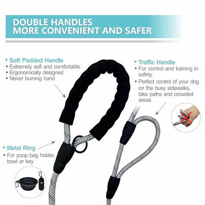 Dog Leash Heavy Duty 6ft, Double Handle Dog Leash with Padded Handle for Traffic Control, Reflective Rope Leashes for Large and Medium Dogs Night Control Safety Training (Grey) - color: Grey (25 to 120 lbs)