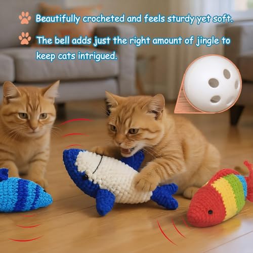 Catnip Fish Toy - Hand-Crocheted with Real Catnip & Bell, Interactive Kicker Toy for Cats Kitten, Soft & Safe for Biting - color: Shark