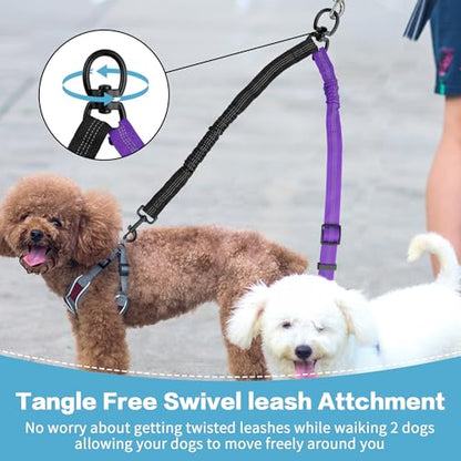 YAODHAOD Double Dog Leash,Two Dog Leash Splitter, No Tangle 360° Swivel Rotation Reflective Lead, Adjustable Length Bungee Heavy Duty Walking Training Dual Extension (Black + Purple) - color: Black + Purple