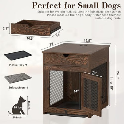 Dog Crate Furniture,Wooden Dog Crate End Table with Storage Drawer&Cushion&Tray, QC3.0 Wireless Charging,Dual USB,Small Dogs Rustic Style - color: Rustic Brown, size: 25.0"L x 19.0"W x 24.0"H