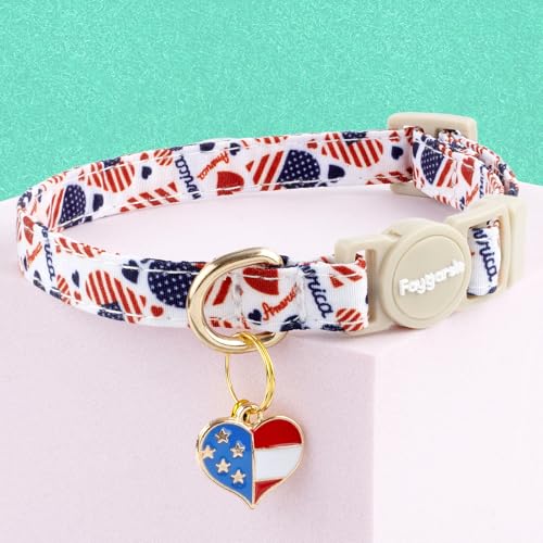Faygarsle 2 Pack Patriotic American Flag Dog Collar Pattern Cat Collars Breakaway Safety Collar with Bell Spring Summer Design for Girl Cats, Red White Blue - color: Blue & White Flag