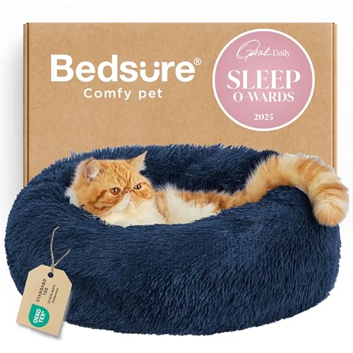 Bedsure Calming Cat Beds for Indoor Cats - Small Cat Bed Washable 20 inches, Anti-Slip Round Fluffy Plush Faux Fur Pet Bed, Fits up to 15 lbs Pets, Navy - color: Navy, size: 20"L x 20"W x 6"Th