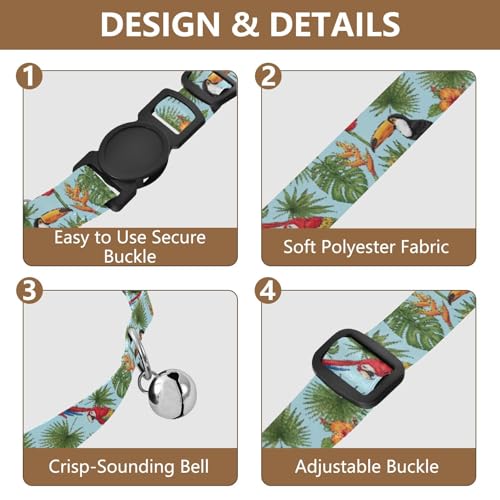 Tropical Jungle Birds Palm Leaves Cats Collar 2 Pack Comfortable Cat Collar Adjustable Length 10.6" to 17.1" - color: Tropical Jungle Birds Palm Leaves