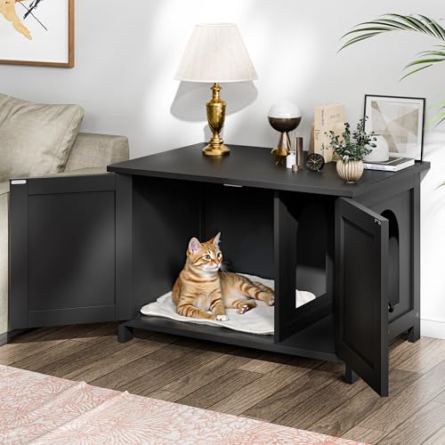 Shintenchi Cat Litter Box Enclosure, Litter Box Furniture Hidden with Removable Divider, Cat House with End Table, Black, 31.5 inch - color: Black