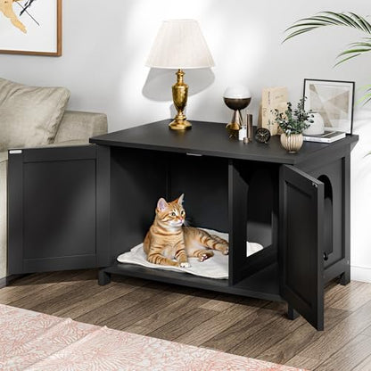 Shintenchi Cat Litter Box Enclosure, Litter Box Furniture Hidden with Removable Divider, Cat House with End Table, Black, 31.5 inch - color: Black
