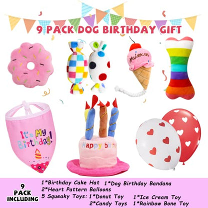 lilfrd Dog Birthday Toys Girl, Squeaky Plush Birthday Cake Hat Bandana, Birthday Gifts for Small & Medium Dog, 9 Pack Pink - style: Pink Birthday Pack
