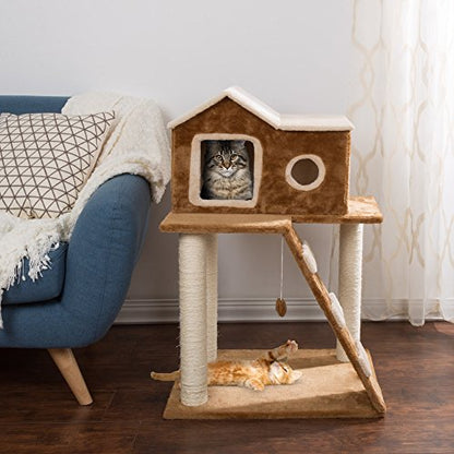 35in Cat Tree with Climb-Up Ladder, Cat Condo, 3 Sisal Rope Cat Scratching Posts, and Hanging Toy - Cat Tower for Indoor Cats by PETMAKER (Brown)