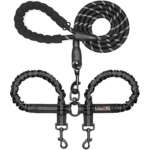 tobedri Comfortable Dual Dog Leash Tangle Free with Shock Absorbing Bungee Reflective 2 Dog Leashes for Large Medium Small Dogs